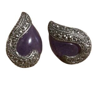 Vintage Avon 1992 Traditional Teardrop Faux Amethyst Marcasite Clip On Earrings